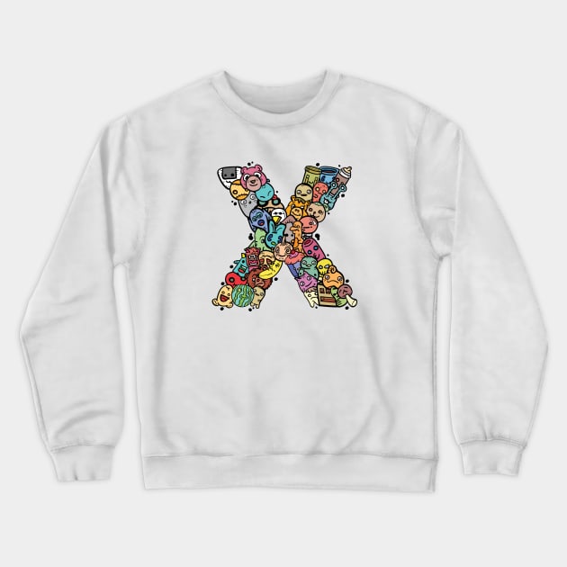 Alphabet Monster Doodle Letter X Monogram Crewneck Sweatshirt by Irene Koh Studio